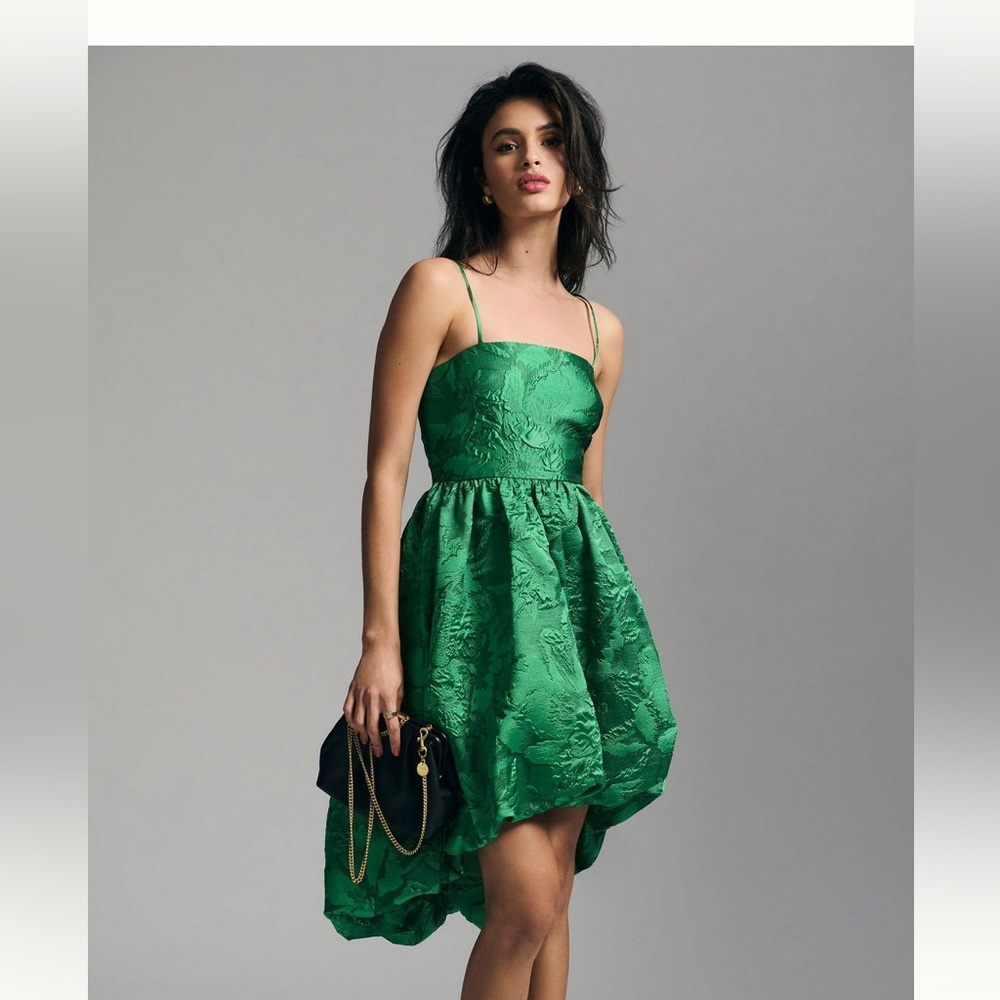 Anthropologie green jacquard hi-lo bubble dress